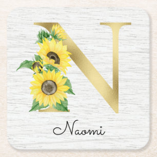 Monogram Gold Sunflower Girly Floral Initiaal N Kartonnen Onderzetters