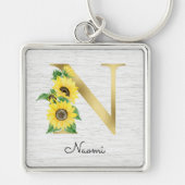 Monogram Gold Sunflower Girly Floral Initiaal N Sleutelhanger (Voorkant)