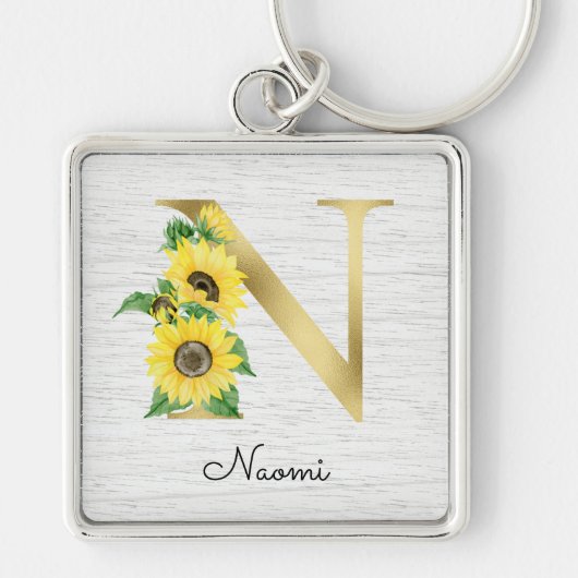 Monogram Gold Sunflower Girly Floral Initiaal N Sleutelhanger (Voorkant)