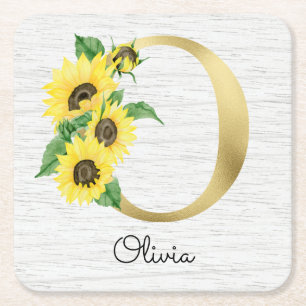 Monogram Gold Sunflower Girly Floral Initiaal O Kartonnen Onderzetters