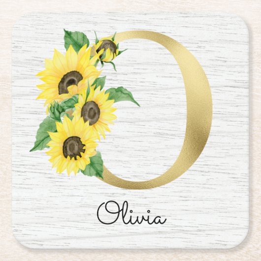 Monogram Gold Sunflower Girly Floral Initiaal O Kartonnen Onderzetters (Voorkant)