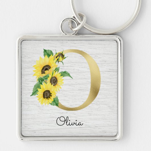 Monogram Gold Sunflower Girly Floral Initiaal O Sleutelhanger (Voorkant)
