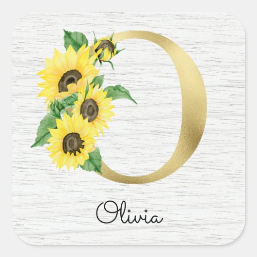 Monogram Gold Sunflower Girly Floral Initiaal O Vierkante Sticker (Voorkant)