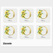 Monogram Gold Sunflower Girly Floral Initiaal O Vierkante Sticker (Vel)