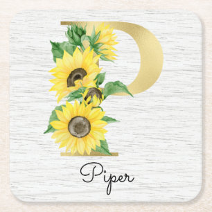 Monogram Gold Sunflower Girly Floral Initiaal P Kartonnen Onderzetters