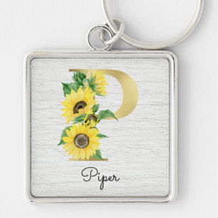 Monogram Gold Sunflower Girly Floral Initiaal P Sleutelhanger