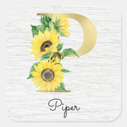 Monogram Gold Sunflower Girly Floral Initiaal P Vierkante Sticker (Voorkant)