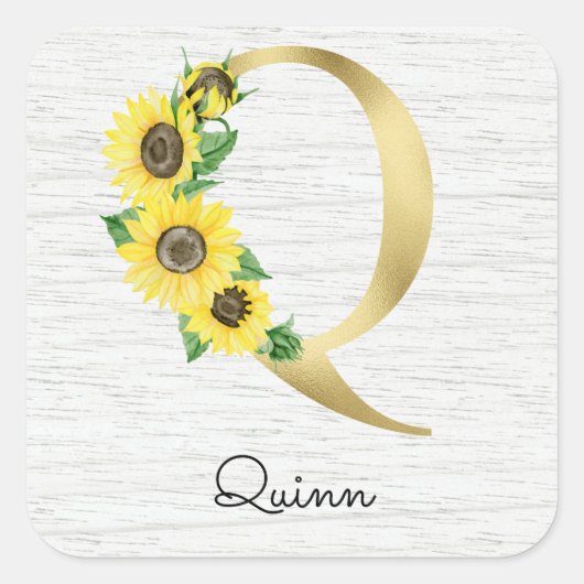 Monogram Gold Sunflower Girly Floral Initiaal Q Vierkante Sticker (Voorkant)