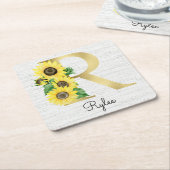Monogram Gold Sunflower Girly Floral Initiaal R Kartonnen Onderzetters (Schuin)