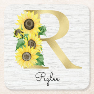 Monogram Gold Sunflower Girly Floral Initiaal R Kartonnen Onderzetters