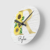 Monogram Gold Sunflower Girly Floral Initiaal R Ronde Klok (Hoek)