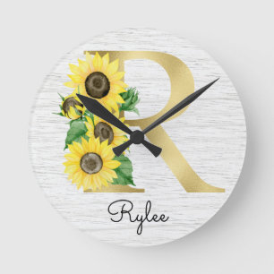 Monogram Gold Sunflower Girly Floral Initiaal R Ronde Klok