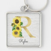 Monogram Gold Sunflower Girly Floral Initiaal R Sleutelhanger (Voorkant)