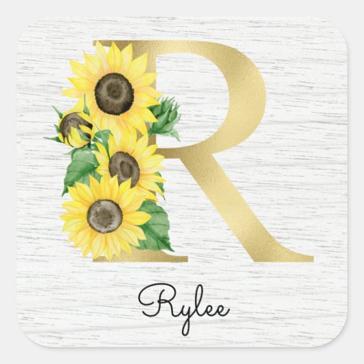 Monogram Gold Sunflower Girly Floral Initiaal R Vierkante Sticker (Voorkant)