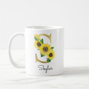 Monogram Gold Sunflower Girly Floral Initiaal S Koffiemok