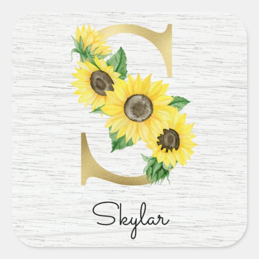 Monogram Gold Sunflower Girly Floral Initiaal S Vierkante Sticker (Voorkant)