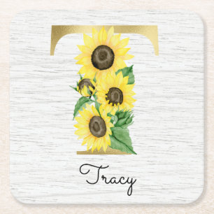 Monogram Gold Sunflower Girly Floral Initiaal T Kartonnen Onderzetters
