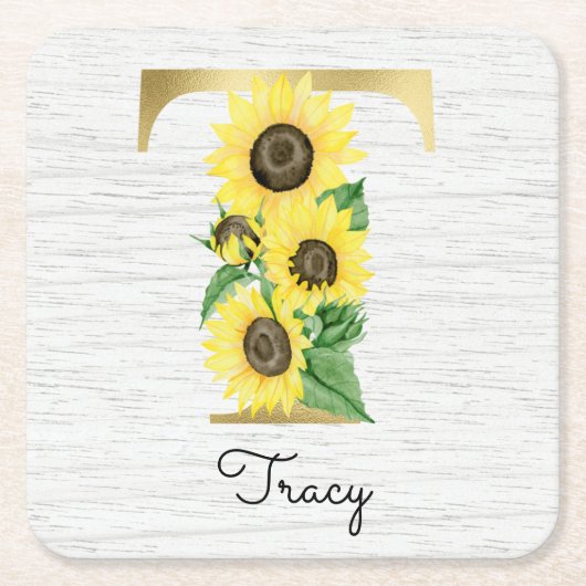 Monogram Gold Sunflower Girly Floral Initiaal T Kartonnen Onderzetters (Voorkant)