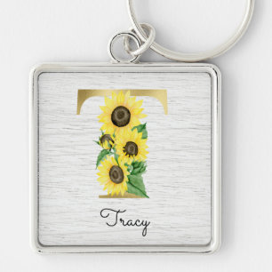 Monogram Gold Sunflower Girly Floral Initiaal T Sleutelhanger