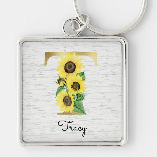 Monogram Gold Sunflower Girly Floral Initiaal T Sleutelhanger (Voorkant)