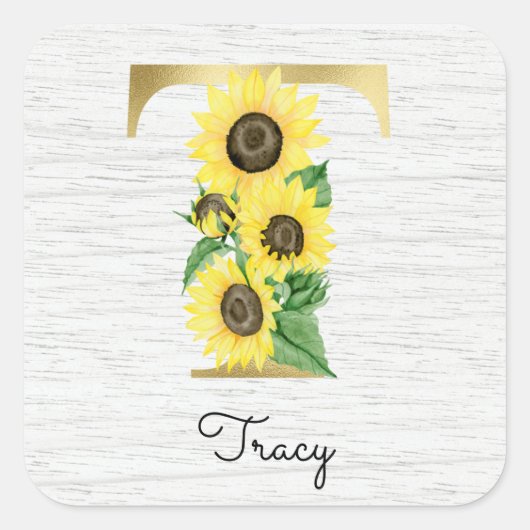 Monogram Gold Sunflower Girly Floral Initiaal T Vierkante Sticker (Voorkant)