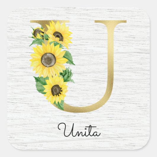 Monogram Gold Sunflower Girly Floral Initiaal U Vierkante Sticker (Voorkant)
