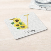 Monogram Gold Sunflower Girly Floral Initiaal V Kartonnen Onderzetters (Schuin)