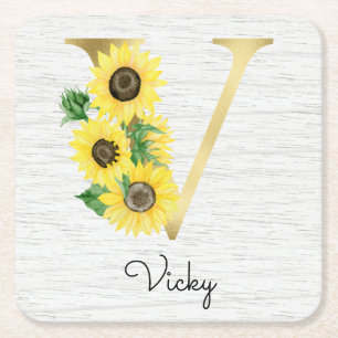 Monogram Gold Sunflower Girly Floral Initiaal V Kartonnen Onderzetters