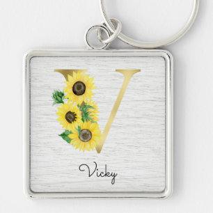 Monogram Gold Sunflower Girly Floral Initiaal V Sleutelhanger