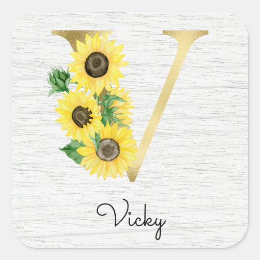 Monogram Gold Sunflower Girly Floral Initiaal V Vierkante Sticker (Voorkant)