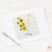 Monogram Gold Sunflower Girly Floral Initiaal V Vierkante Sticker (Envelop)