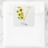Monogram Gold Sunflower Girly Floral Initiaal V Vierkante Sticker (Tas)