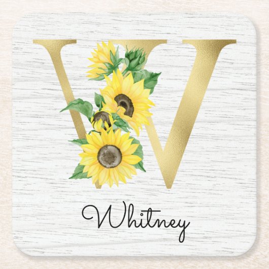 Monogram Gold Sunflower Girly Floral Initiaal W Kartonnen Onderzetters (Voorkant)