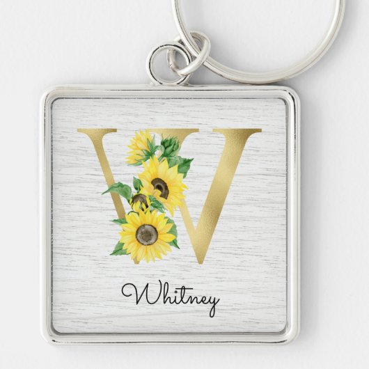 Monogram Gold Sunflower Girly Floral Initiaal W Sleutelhanger (Voorkant)