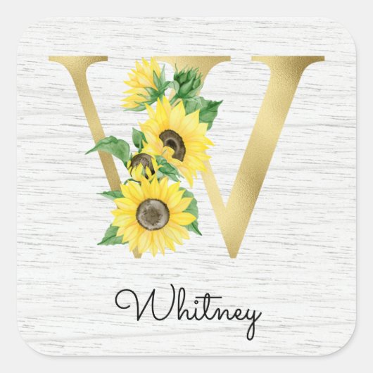 Monogram Gold Sunflower Girly Floral Initiaal W Vierkante Sticker (Voorkant)