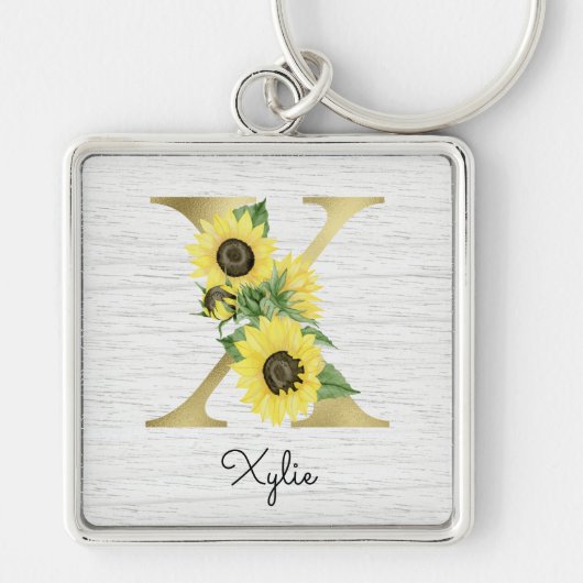 Monogram Gold Sunflower Girly Floral Initiaal X Sleutelhanger (Voorkant)