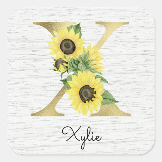 Monogram Gold Sunflower Girly Floral Initiaal X Vierkante Sticker (Voorkant)