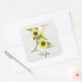 Monogram Gold Sunflower Girly Floral Initiaal X Vierkante Sticker (Envelop)