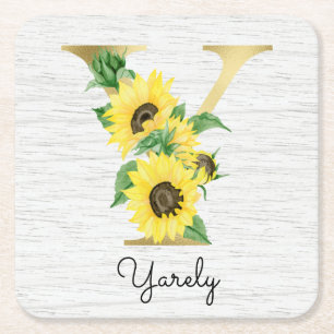 Monogram Gold Sunflower Girly Floral Initiaal Y Kartonnen Onderzetters