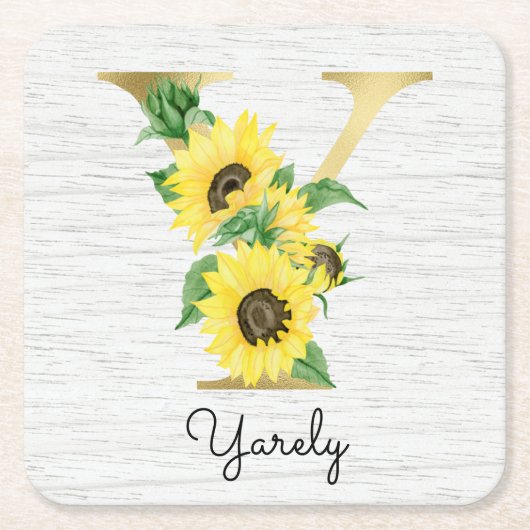 Monogram Gold Sunflower Girly Floral Initiaal Y Kartonnen Onderzetters (Voorkant)