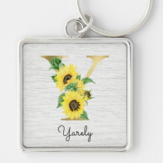 Monogram Gold Sunflower Girly Floral Initiaal Y Sleutelhanger (Voorkant)