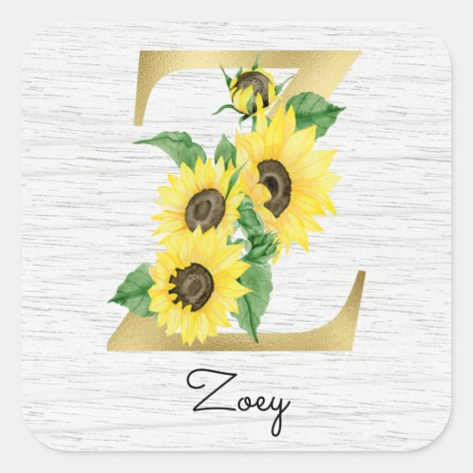 Monogram Gold Sunflower Girly Floral Initiaal Z Vierkante Sticker (Voorkant)