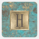 Monogram Gold Turquoise & Blauwgroen  koper Vierkante Sticker (Voorkant)