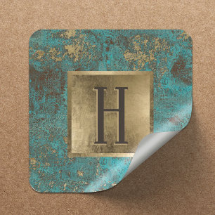 Monogram Gold Turquoise & Blauwgroen  koper Vierkante Sticker