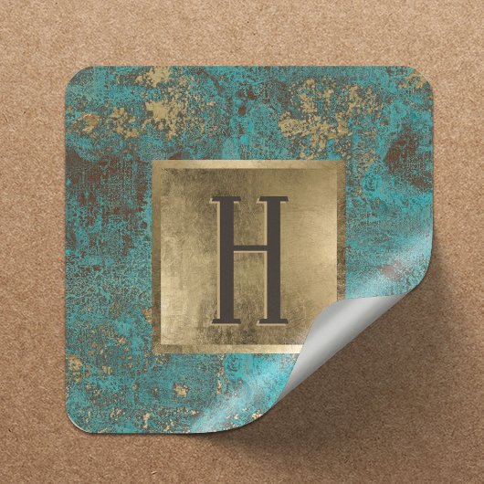 Monogram Gold Turquoise & Blauwgroen  koper Vierkante Sticker