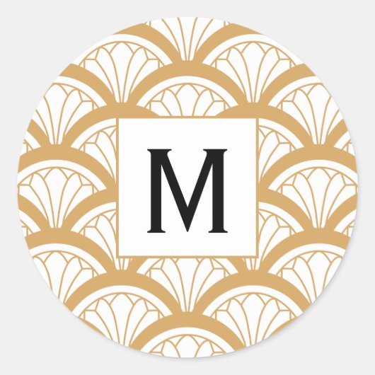 Monogram Gold White Art Deco Fan Flowers Patroon Ronde Sticker (Voorkant)