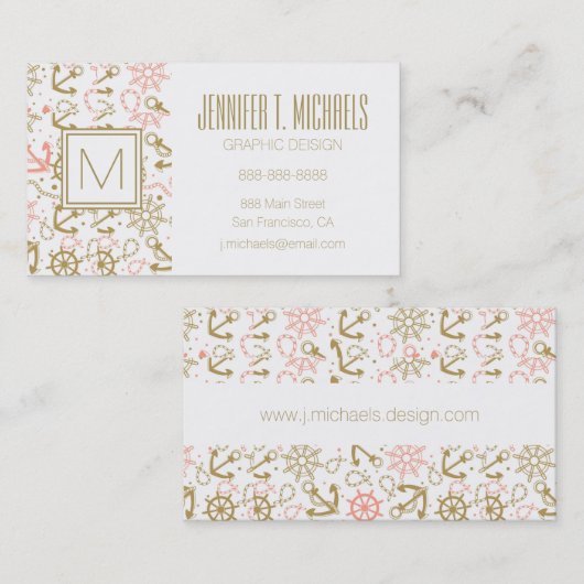 Monogram Golden Anchor Pattern Visitekaartje (Voorkant / Achterkant)