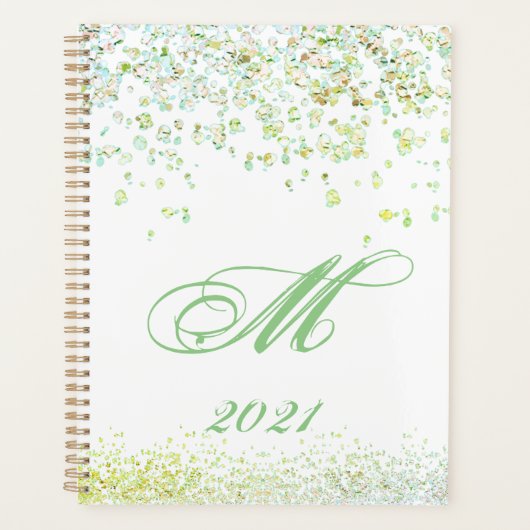 Monogram Golden & Green Sparkles 2021 Planner (Voorkant)