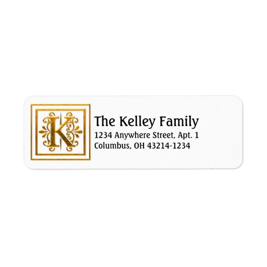 Monogram Golden Letter K Elegant Adresetiketten Etiket (Voorkant)