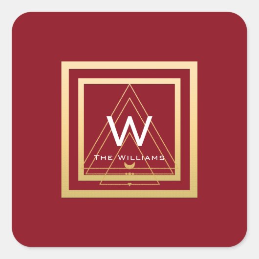 Monogram Golden Lijst Minimal VIP Geometry Rood Vierkante Sticker (Voorkant)